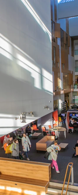 Bright, multi-level interior of Glasgow Kelvin College’s Springburn Campus, showing students studying and socialising in the central communal and library area. Bright, multi-level interior of Glasgow Kelvin College’s Springburn Campus, showing students studying and socialising in the central communal and library area.